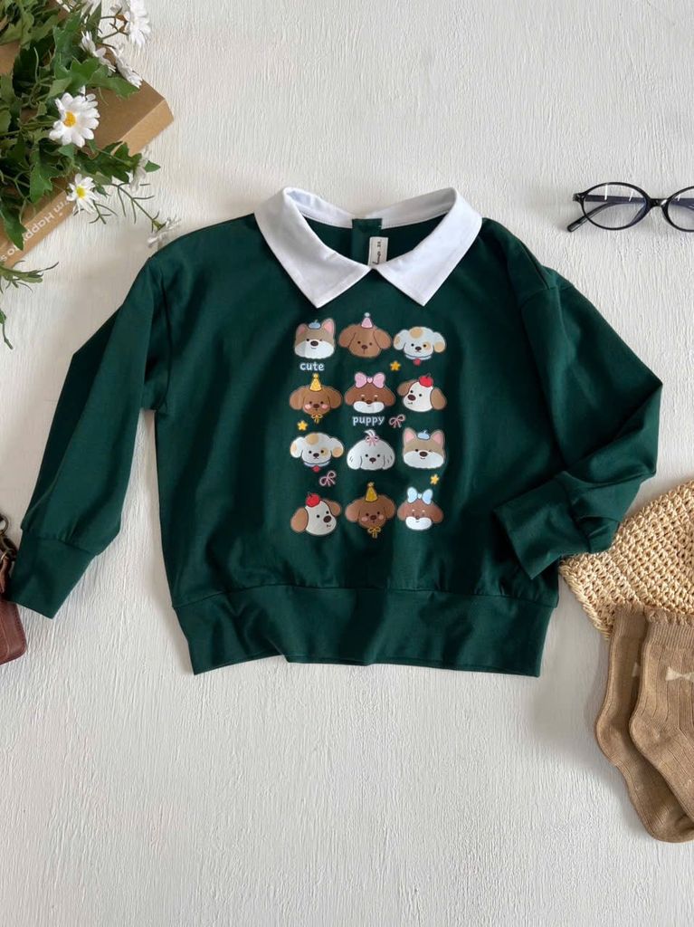  Club Top - Xanh lá - Áo thun polo dài tay phối cổ trắng in cún 
