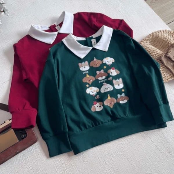  Club Top - Xanh lá - Áo thun polo dài tay phối cổ trắng in cún 