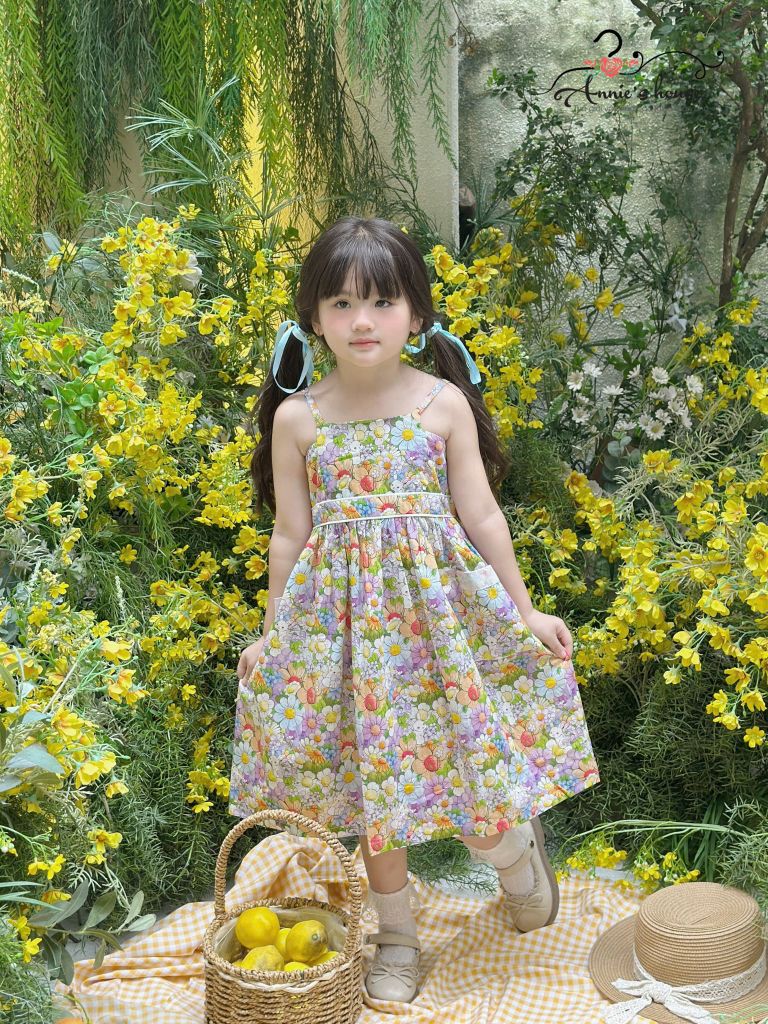  Đầm 2 dây nhún lưng - Hoa Tím 