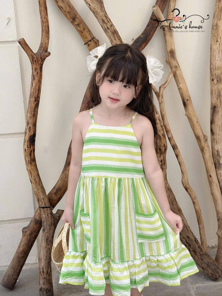  Đầm tơ sọc 2 dây - Sọc xanh lá 