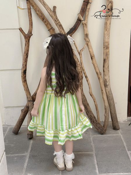  Đầm tơ sọc 2 dây - Sọc xanh lá 