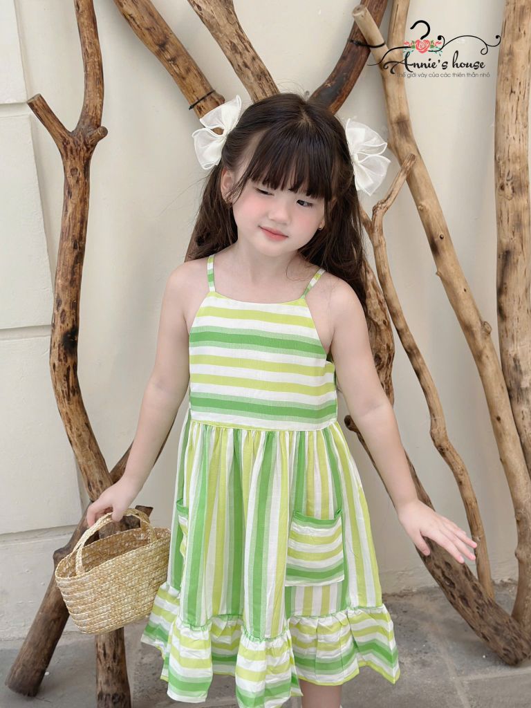  Đầm tơ sọc 2 dây - Sọc xanh lá 