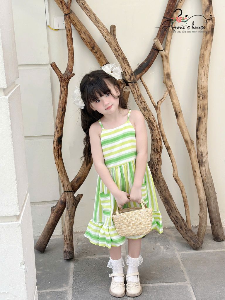  Đầm tơ sọc 2 dây - Sọc xanh lá 