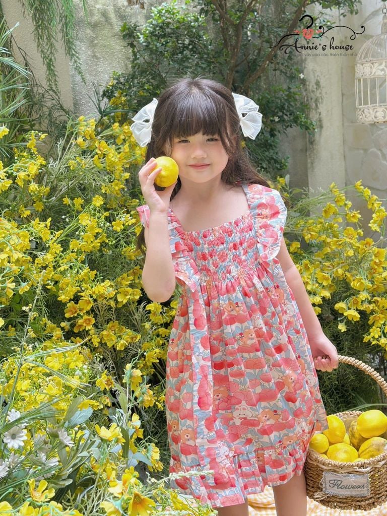  Đầm tay bèo nhún thun nơ 2 bên - Hồng Gấu 