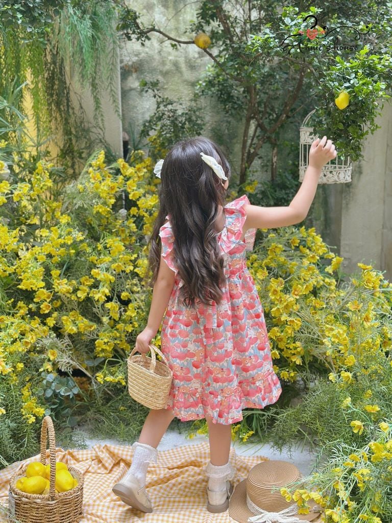  Đầm tay bèo nhún thun nơ 2 bên - Hồng Gấu 