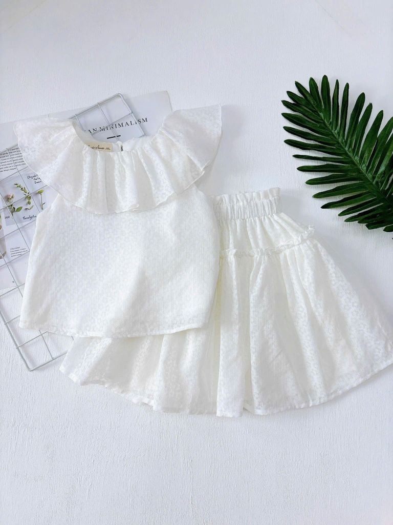  Set Melora - Áo cổ bèo phối chân váy xoè - Trắng 