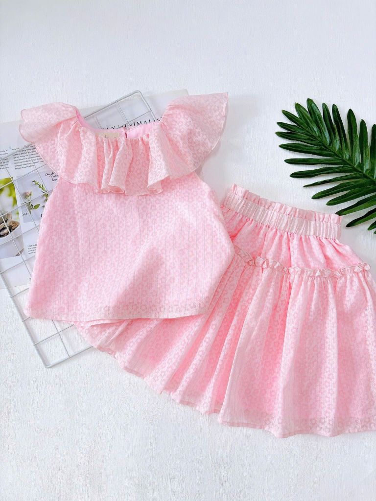  Set Melora - Áo cổ bèo phối chân váy xoè - Hồng 