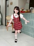  Holly Set – Áo sơ mi cổ búp bê phối gile caro đỏ, quần xếp li năng động 