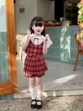  Holly Set – Áo sơ mi cổ búp bê phối gile caro đỏ, quần xếp li năng động 