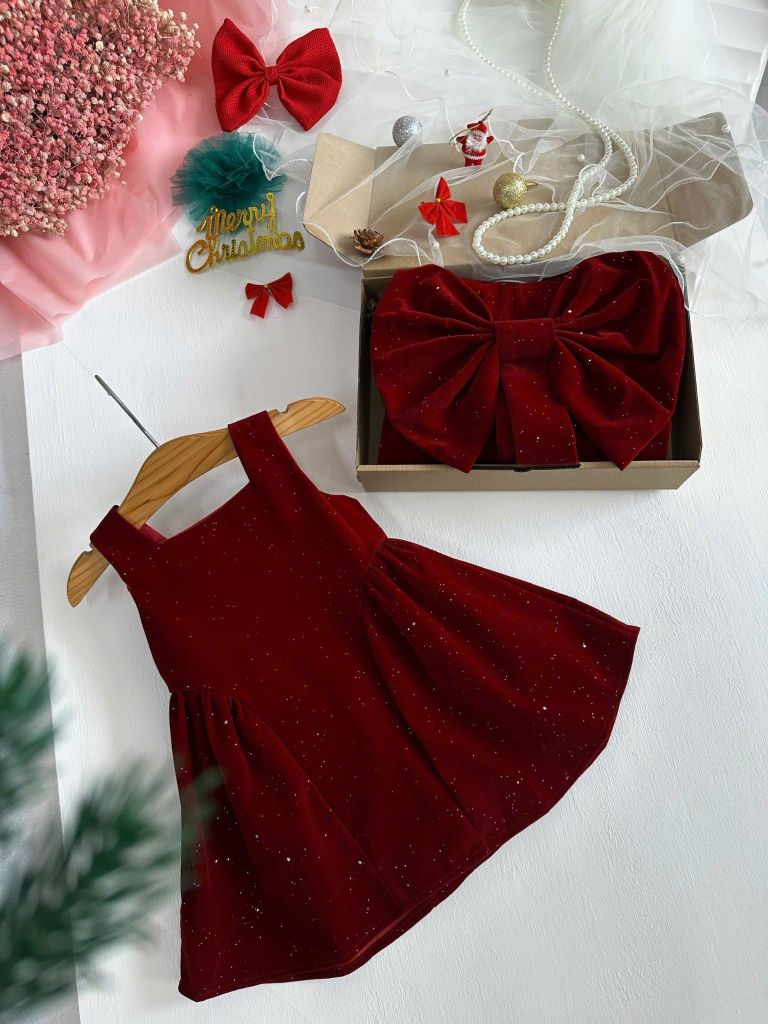  Đầm đỏ nhung kim tuyến phối nơ - Jun 