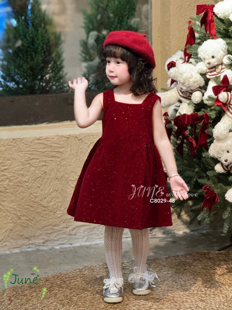  Đầm đỏ nhung kim tuyến phối nơ - Jun 