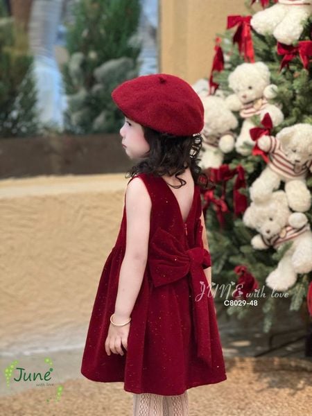  Đầm đỏ nhung kim tuyến phối nơ - Jun 