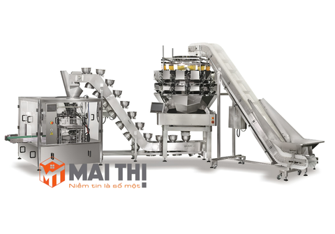 Hệ thống cấp liệu nâng thứ cấp kết hợp cân định lượng và đóng gói tự động