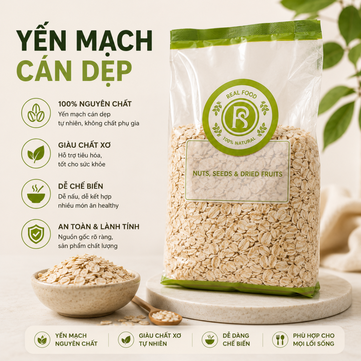  Yến mạch cán dẹp RealFoodStore 