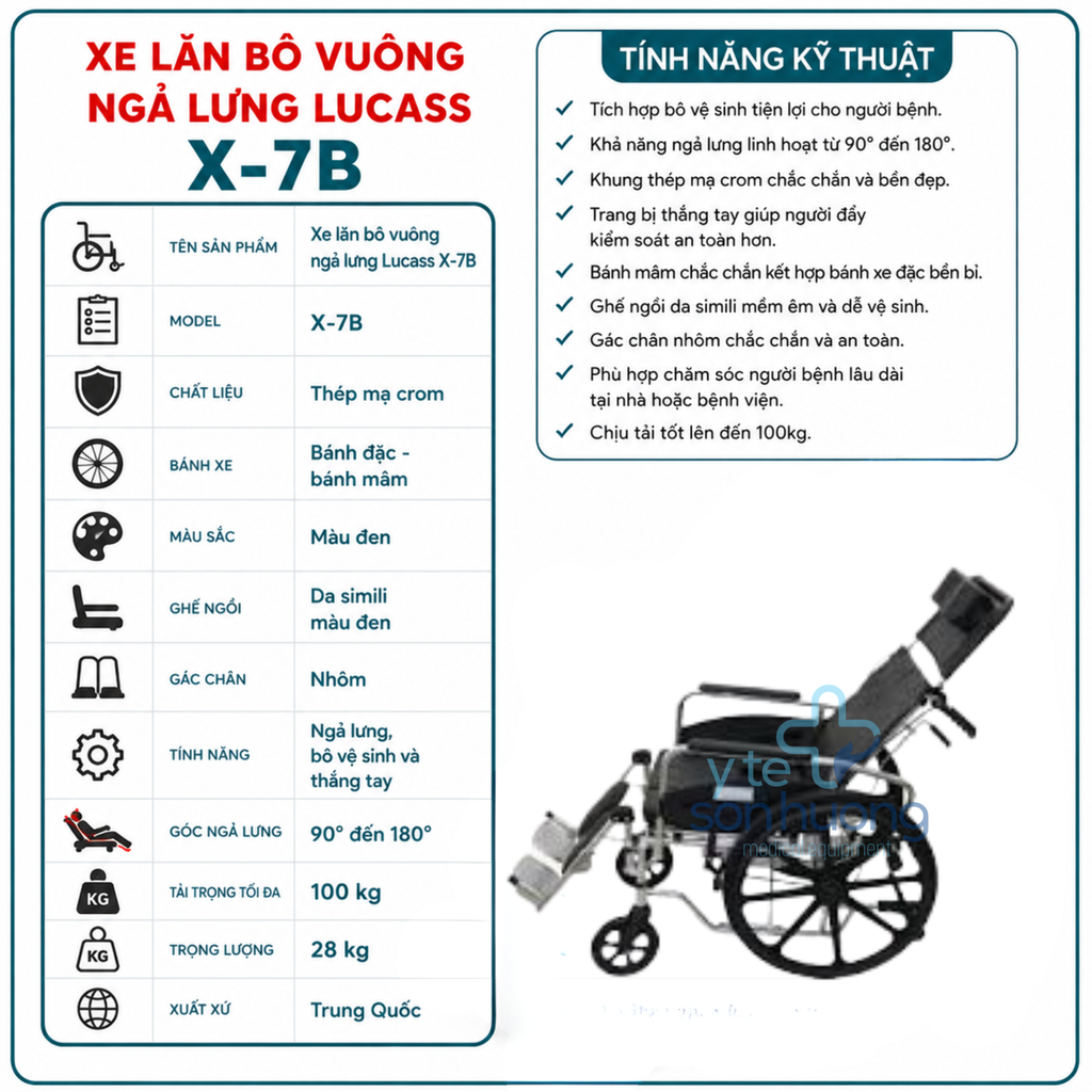 Xe Lăn Bô Vuông Ngả Lưng Lucass X-7B (thắng tay, bánh mâm)