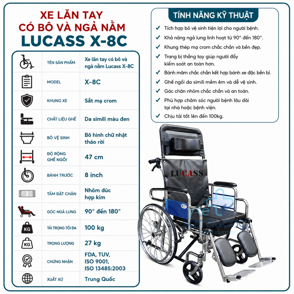 Xe Lăn Bô Vuông Ngả Lưng Lucass X-8C