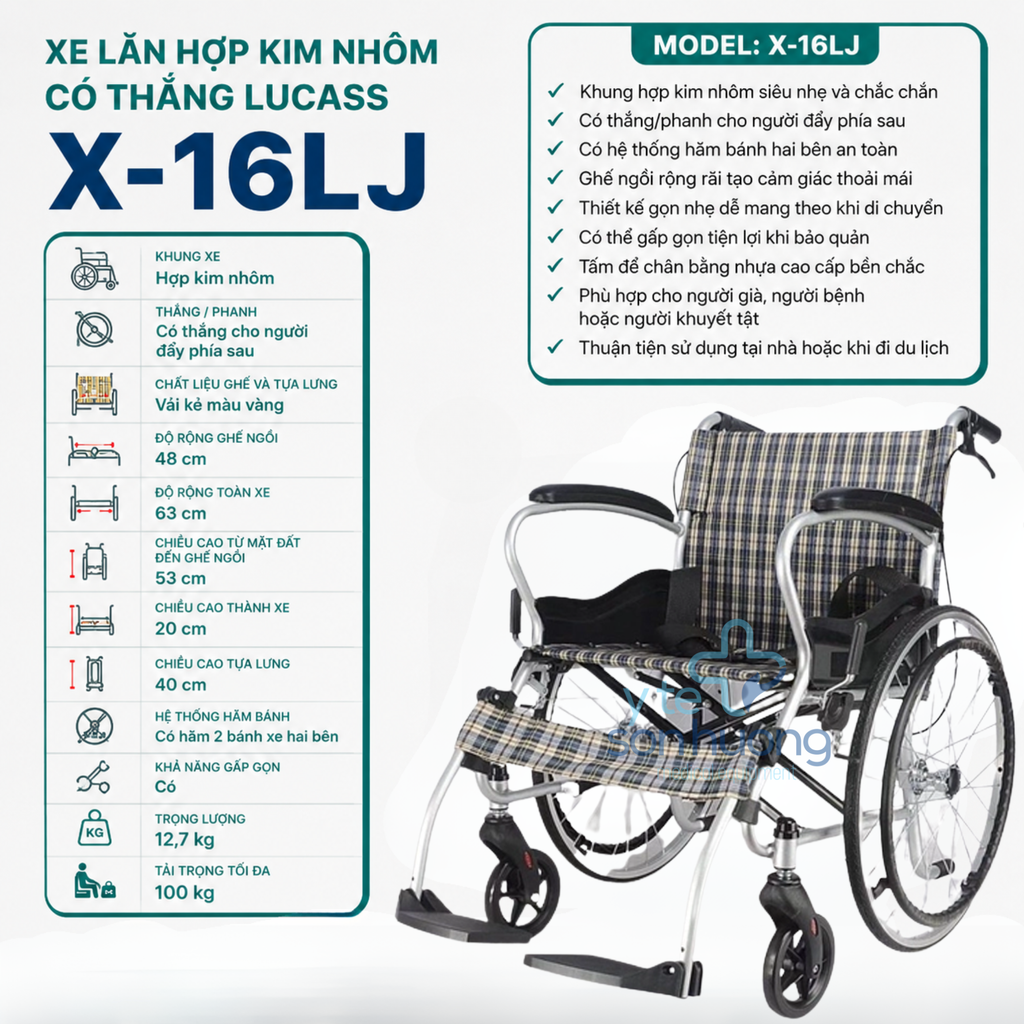 Xe Lăn Hợp Kim Nhôm Có Thắng Lucass X-16LJ