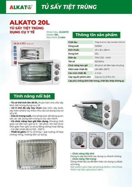 Tủ sấy tiệt trùng dụng cụ y tế Alkato 20L