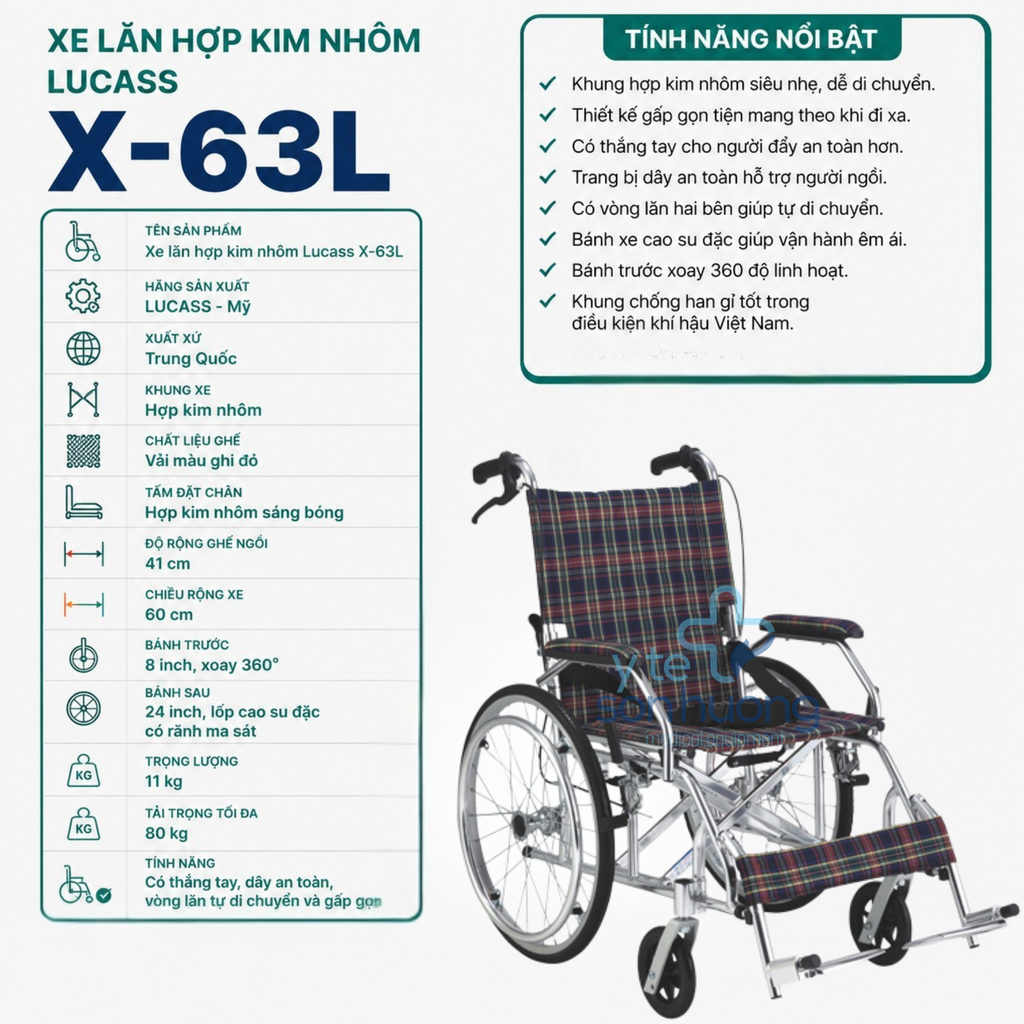 Xe Lăn Nhôm Du Lịch Lucass X-63L (thắng tay, gập lưng)