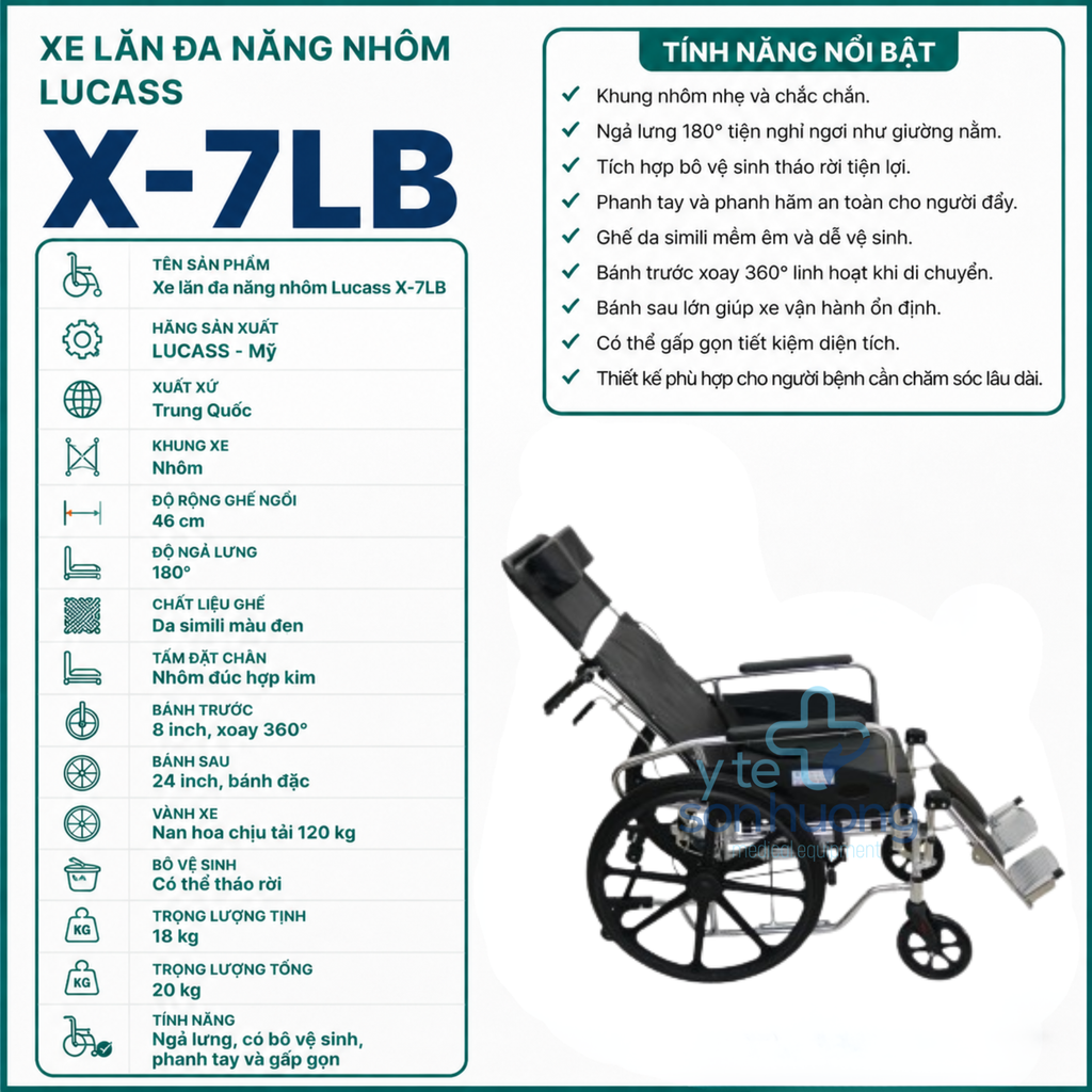 Xe Lăn Nhôm, Bô vuông, bánh mâm có thắng tay Lucass X-7LB