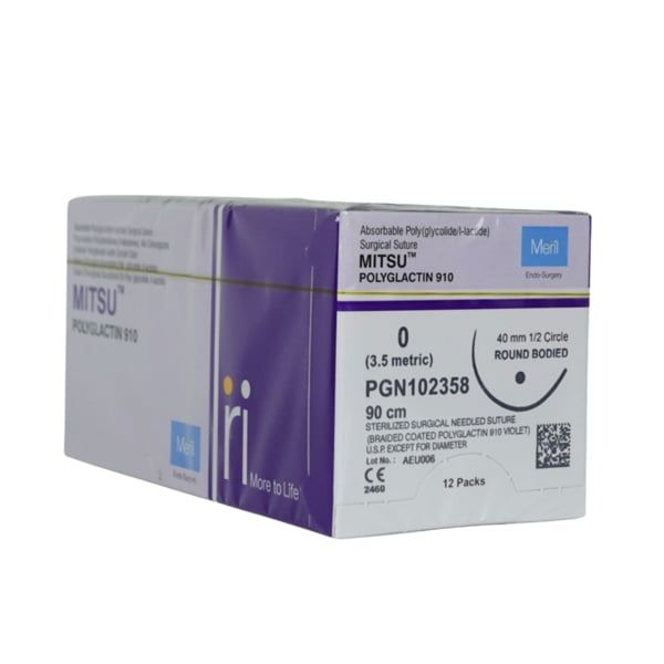 Chỉ phẫu thuật tự tiêu Mitsu Polyglactin 910 PGN102358 số 0 dài 90cm kim tròn 1/2C 40mm