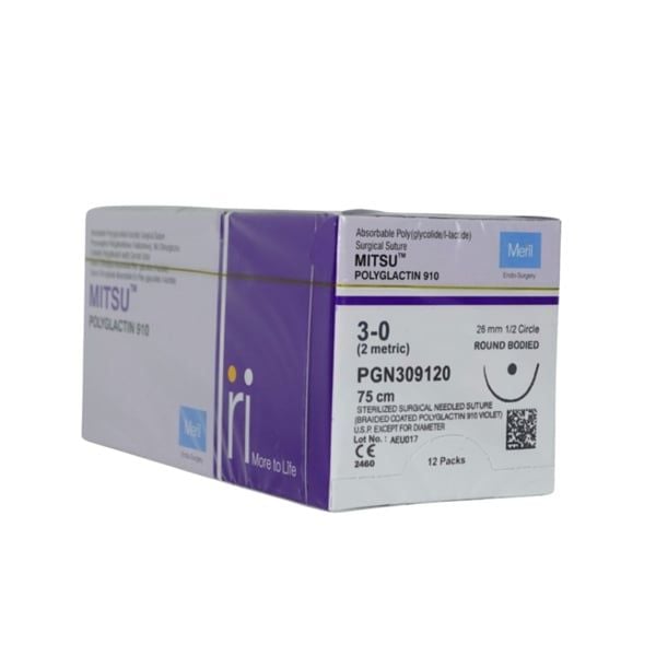 Chỉ phẫu thuật tự tiêu Mitsu Polyglactin 910 PGN309120 số 3/0 dài 75cm kim tròn 1/2C 26mm