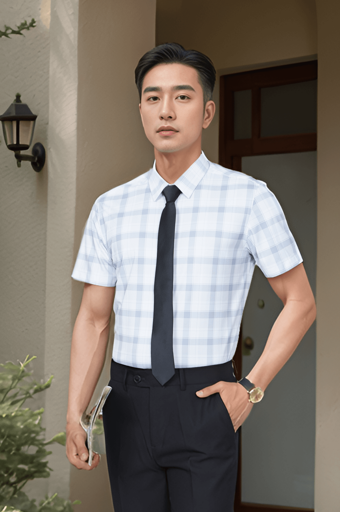 Áo sơ mi nam cộc tay kẻ body Tezo - 25SMCC014