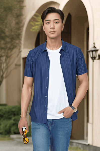 Áo sơ mi nam cộc tay For Boss kẻ sọc, Slimfit Tezo - 25SMCH038