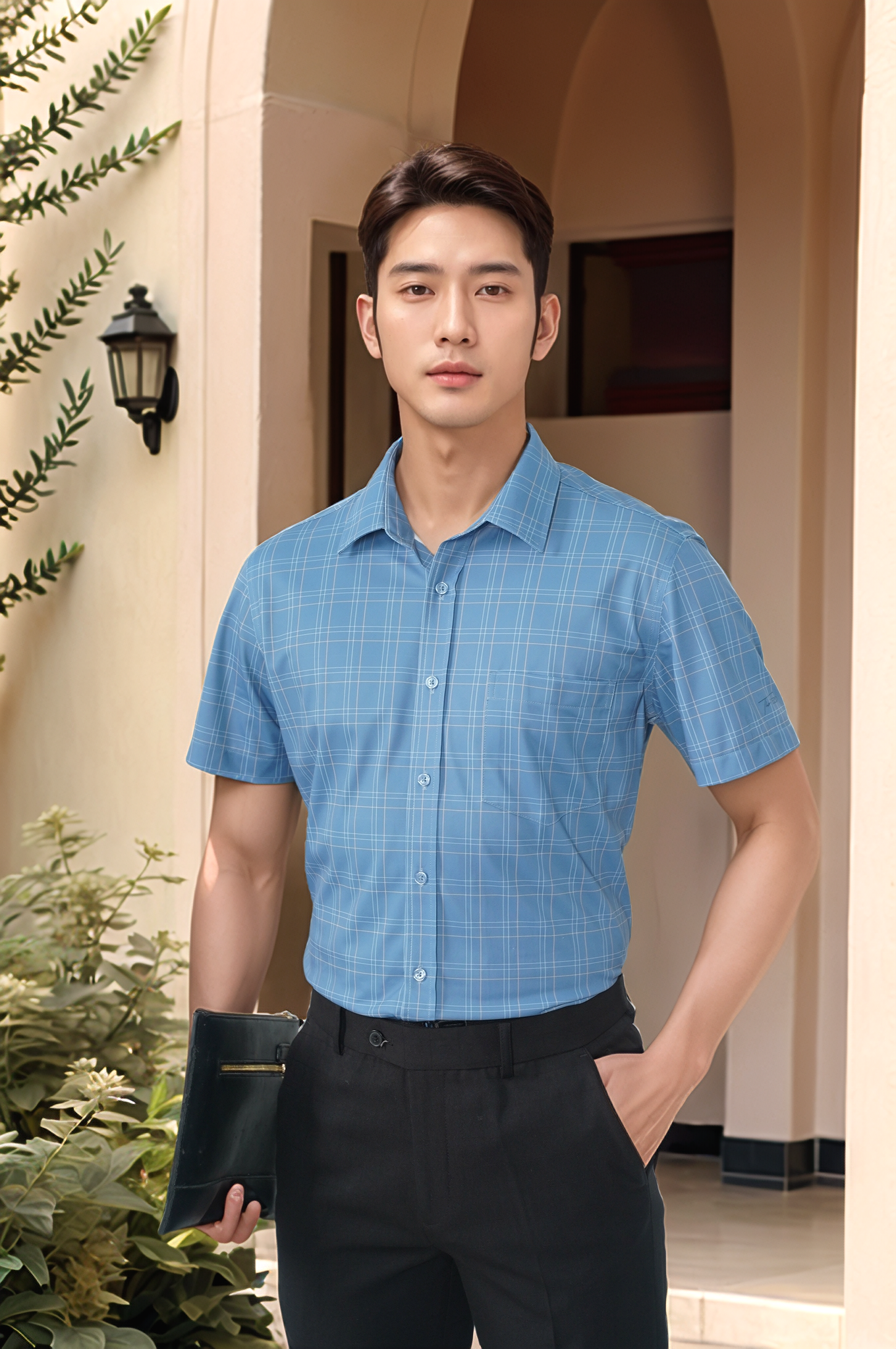 Áo sơ mi cộc tay nam Knit chống nhăn kẻ caro, regular Tezo - 25SMCC019