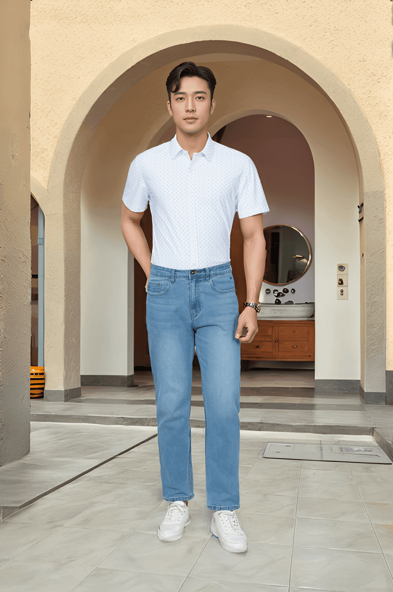Áo sơ mi cộc tay nam Knit chống nhăn họa tiết, slimfit Tezo - 25SMCH018