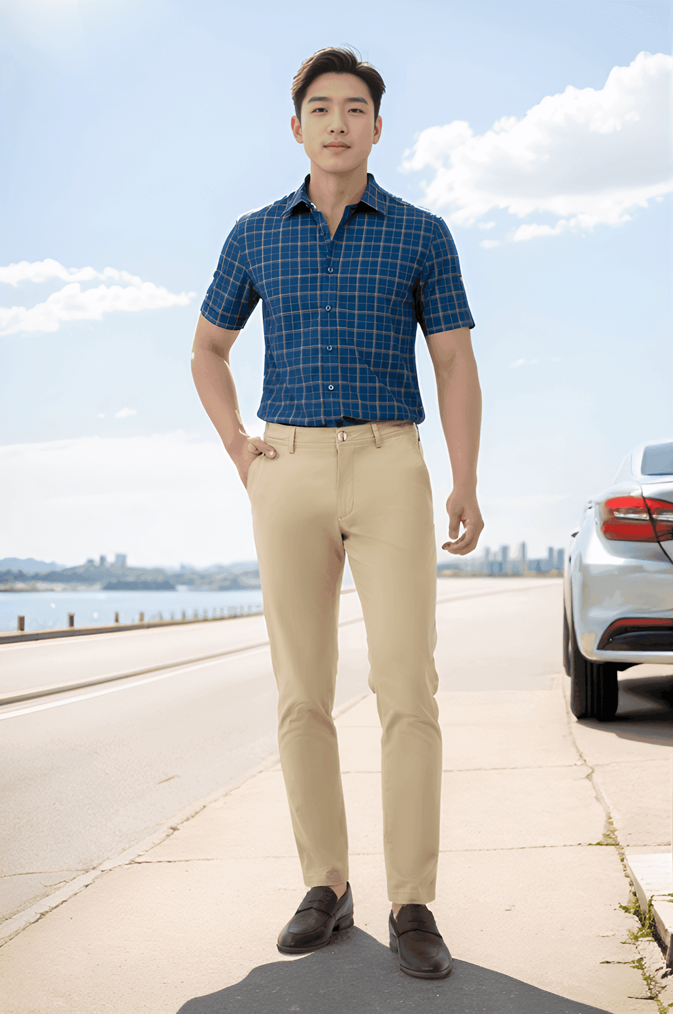 Áo sơ mi nam cộc tay kẻ caro form slimfit Tezo  - 25SMCC033