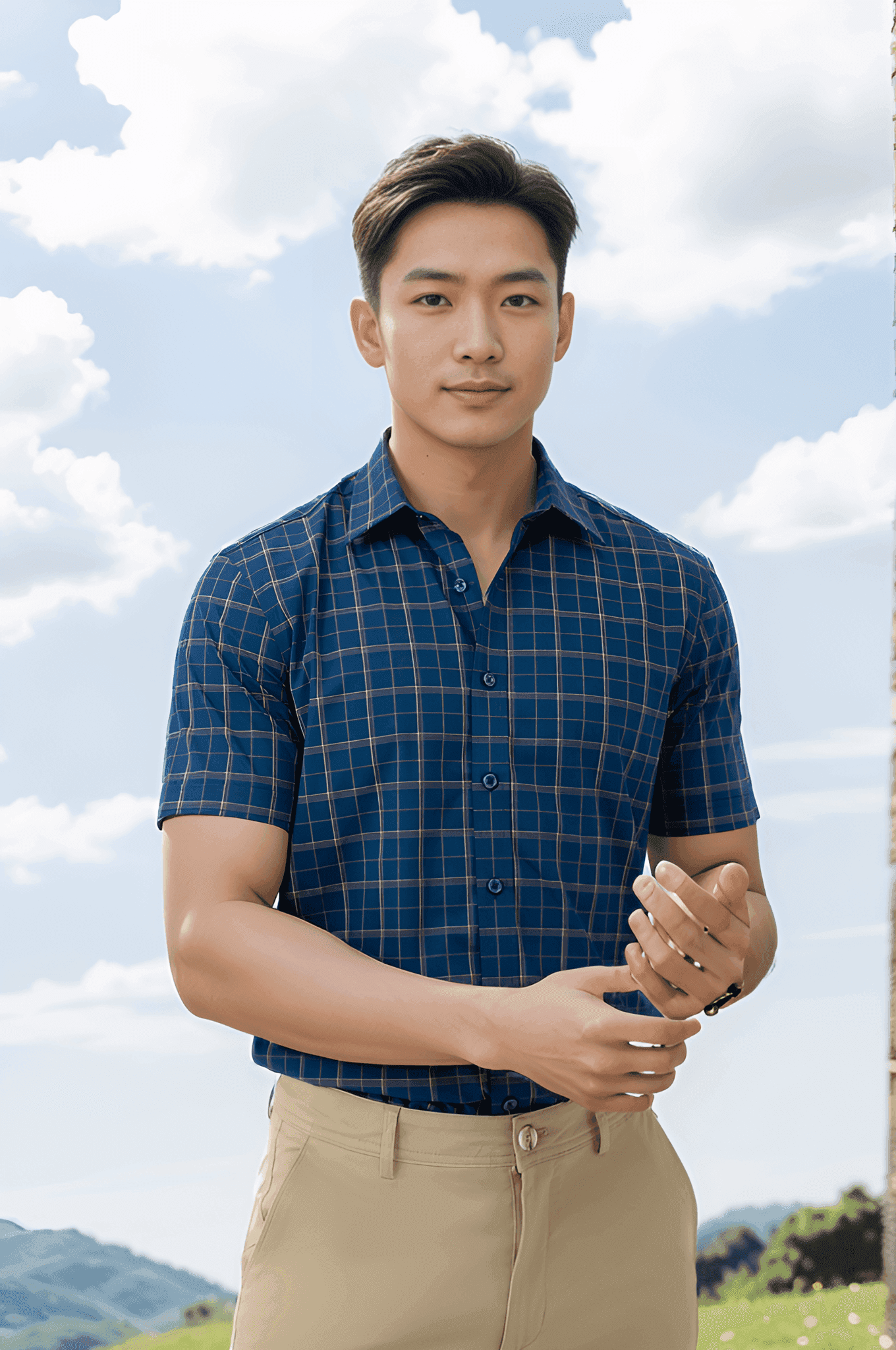 Áo sơ mi nam cộc tay kẻ caro form slimfit Tezo  - 25SMCC033