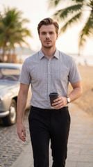 Áo sơ mi nam cộc tay kẻ caro có túi, regular Tezo - 26SMCC071