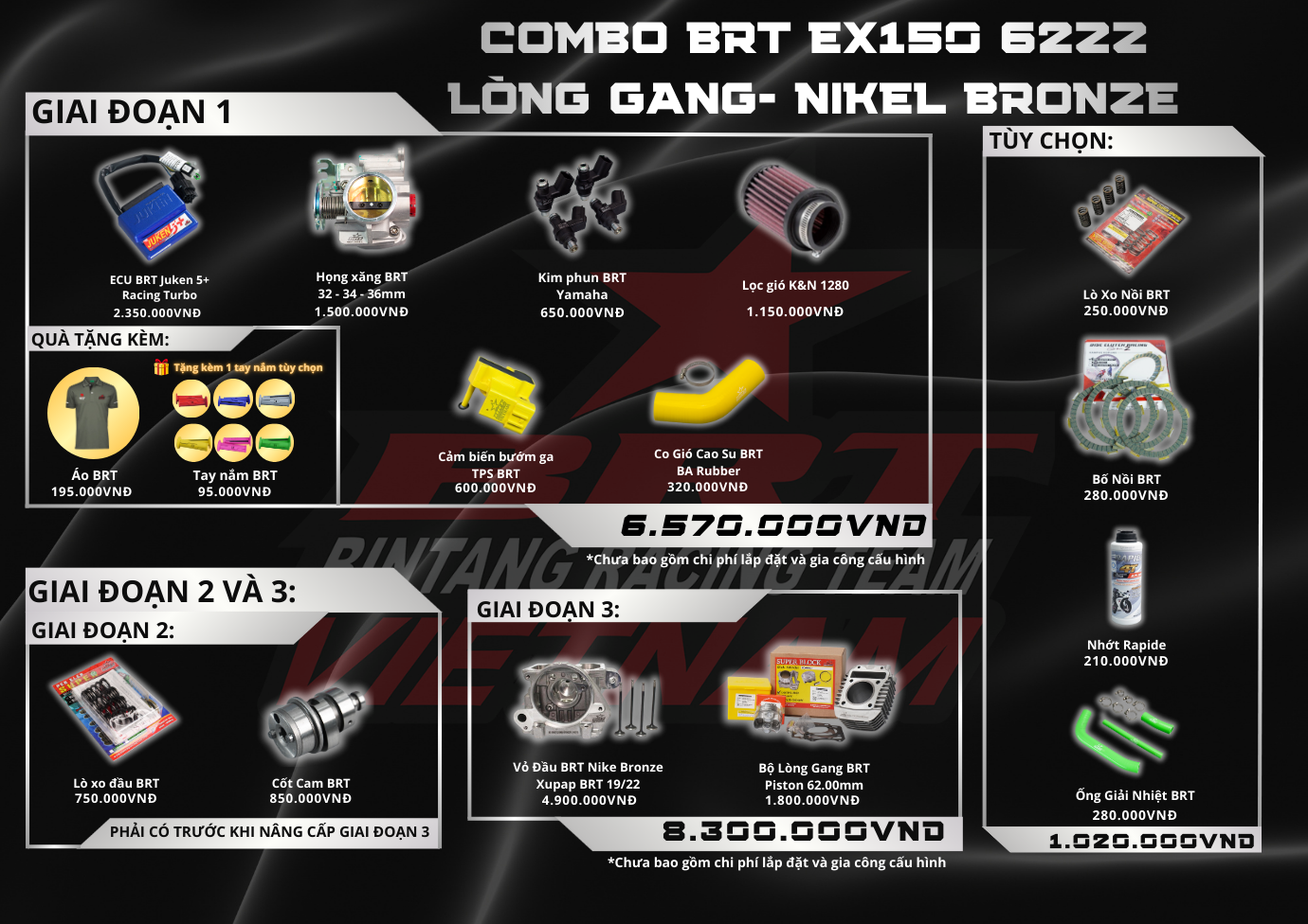  COMBO Exciter 150 62zz Lòng Gang Cánh Gió - Vỏ đầu BRT NIKEL BRONZE 