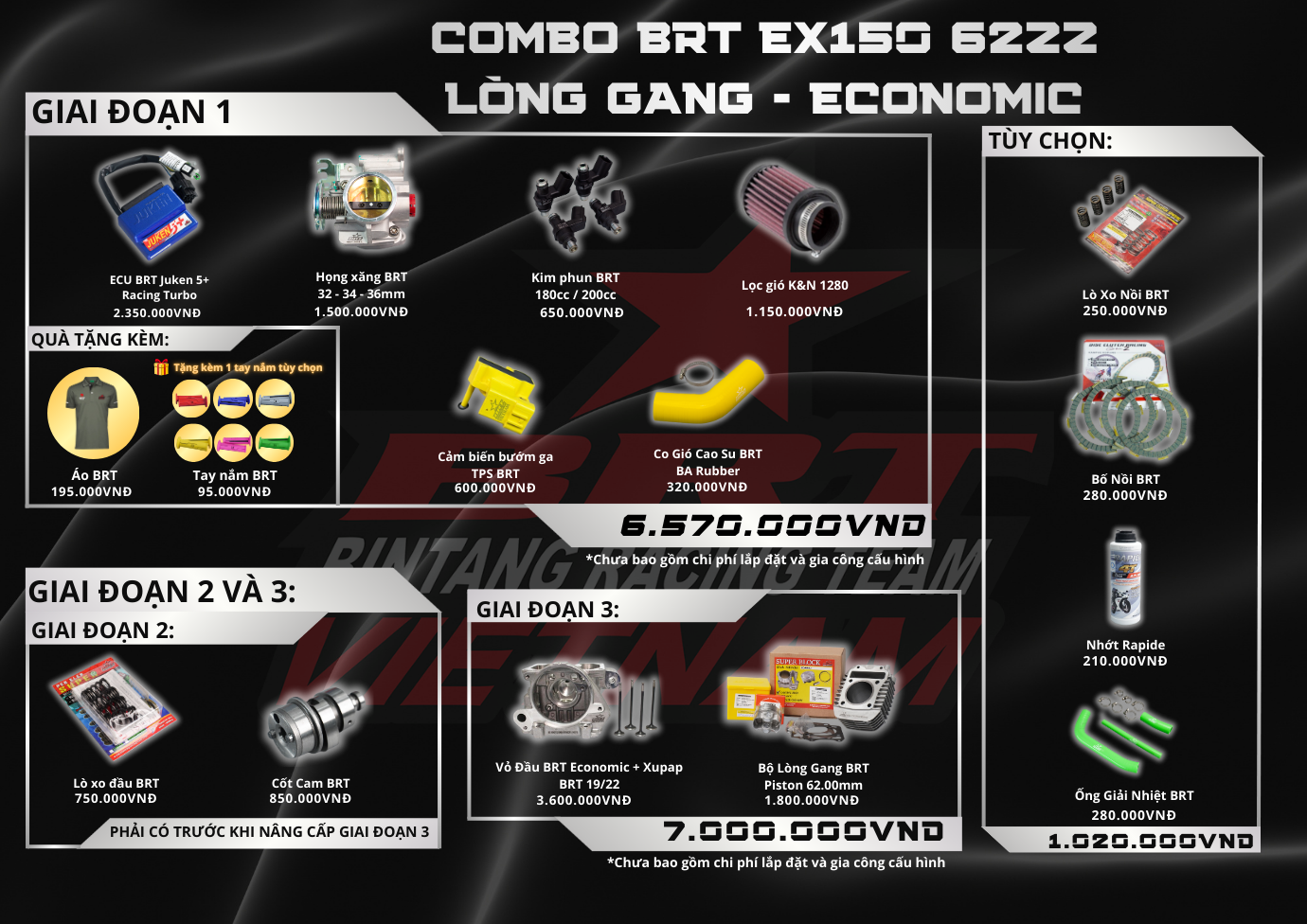  COMBO Exciter150 62zz Lòng Gang Cánh Gió - Vỏ đầu BRT ECONOMIC 