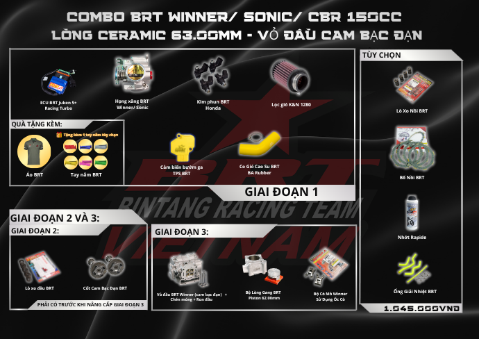  Combo Winner/ Sonic/ CBR Full180cc BRT Lòng Ceramic 63mm Dáng Zin - Vỏ Đầu BRT Cam Bạc Đạn 