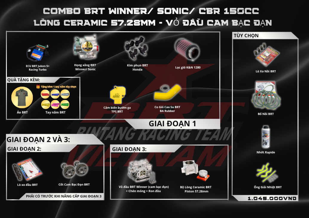  Combo Winner/ Sonic/ CBR Full150cc BRT Lòng Ceramic 57.28mm - Vỏ Đầu BRT Cam Bạc Đạn 