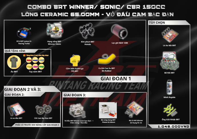  Combo Winner/ Sonic/ CBR Full 200cc  BRT Lòng Ceramic 65.00mm - Vỏ Đầu BRT Cam Bạc Đạn 
