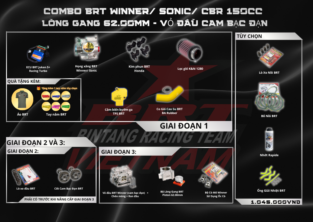  Combo Winner/ Sonic/ CBR Full175cc BRT Lòng Gang 62mm Dáng Zin - Vỏ Đầu BRT Cam Bạc Đạn 