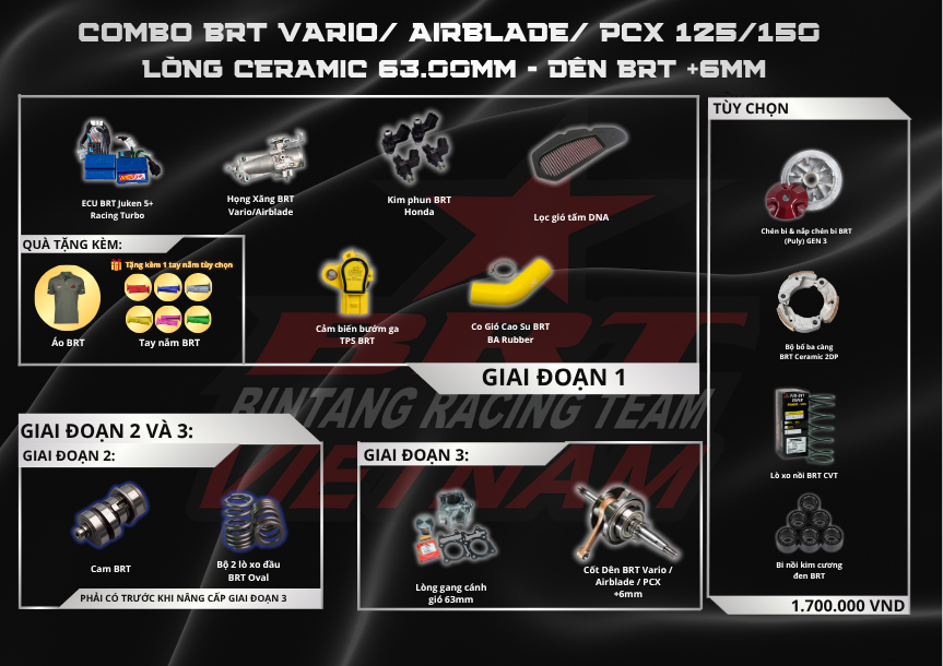  Combo BRT 180cc Vario 125-150/ AirBlade 125/ Click 125-150/ PCX/ SH - Dên BRT +6mm 