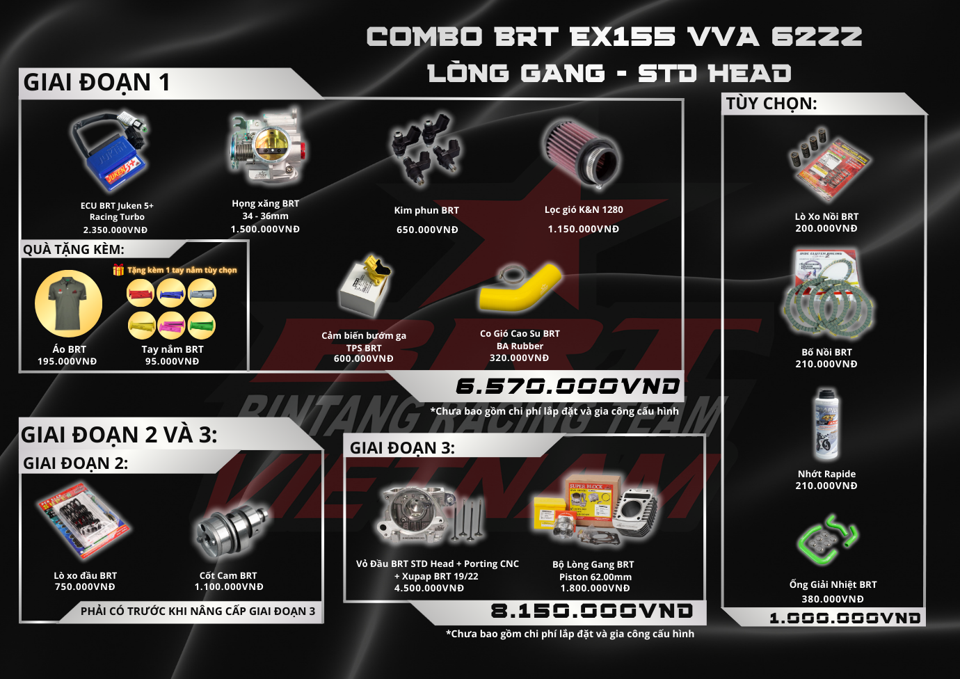  COMBO Exciter155 VVA 62zz Lòng Gang Dáng Zin - Vỏ Đầu BRT STD HEAD 