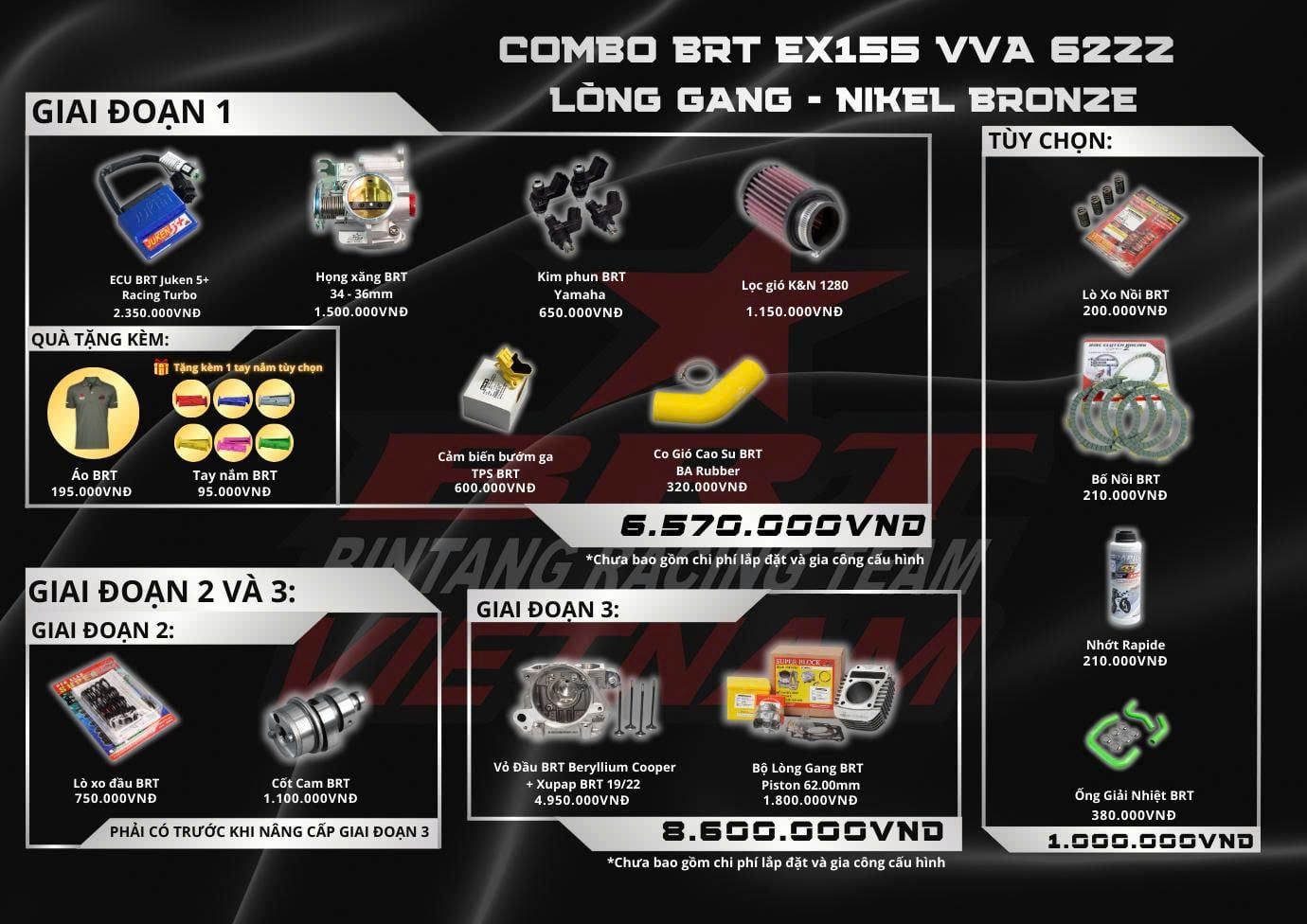  COMBO Exciter155 VVA 62zz Lòng Gang Dáng Zin - Vỏ Đầu BRT NIKEL BRONZE 