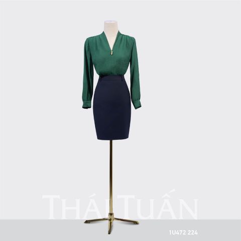  Áo Kiểu Nữ THÁI TUẤN Cổ Tim Tay Dài Màu Xanh 