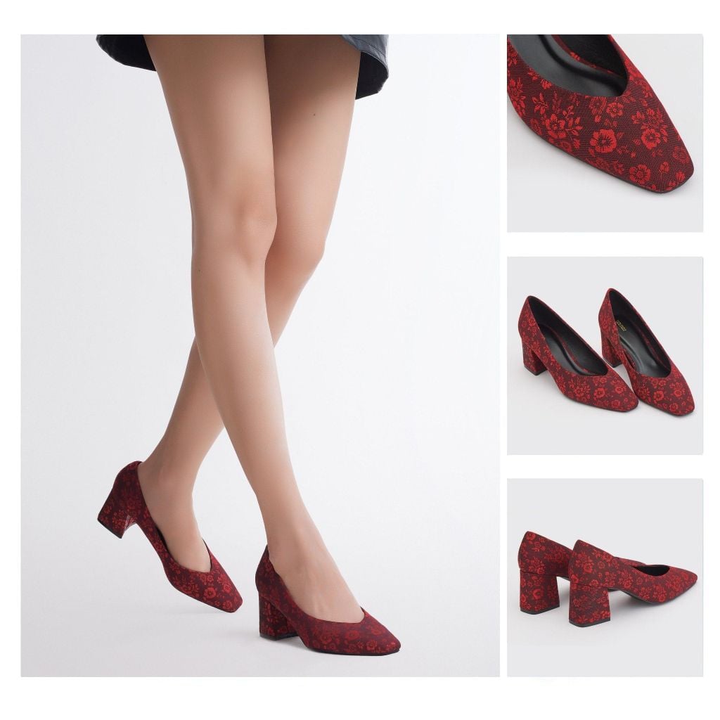  Giày Cao Gót Nữ THÁI TUẤN Bít Mũi Bầu Màu Đỏ Đen 