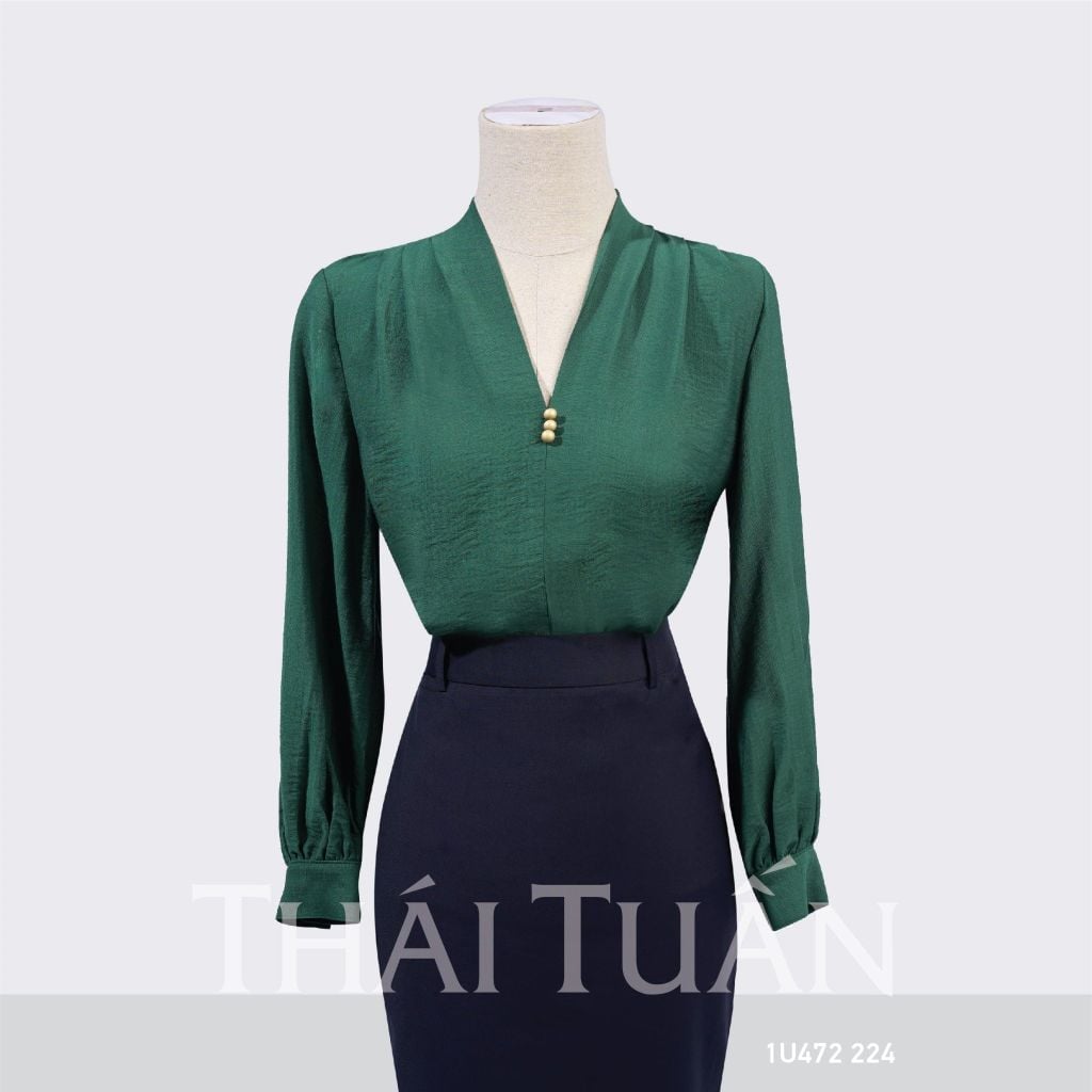  Áo Kiểu Nữ THÁI TUẤN Cổ Tim Tay Dài Màu Xanh 