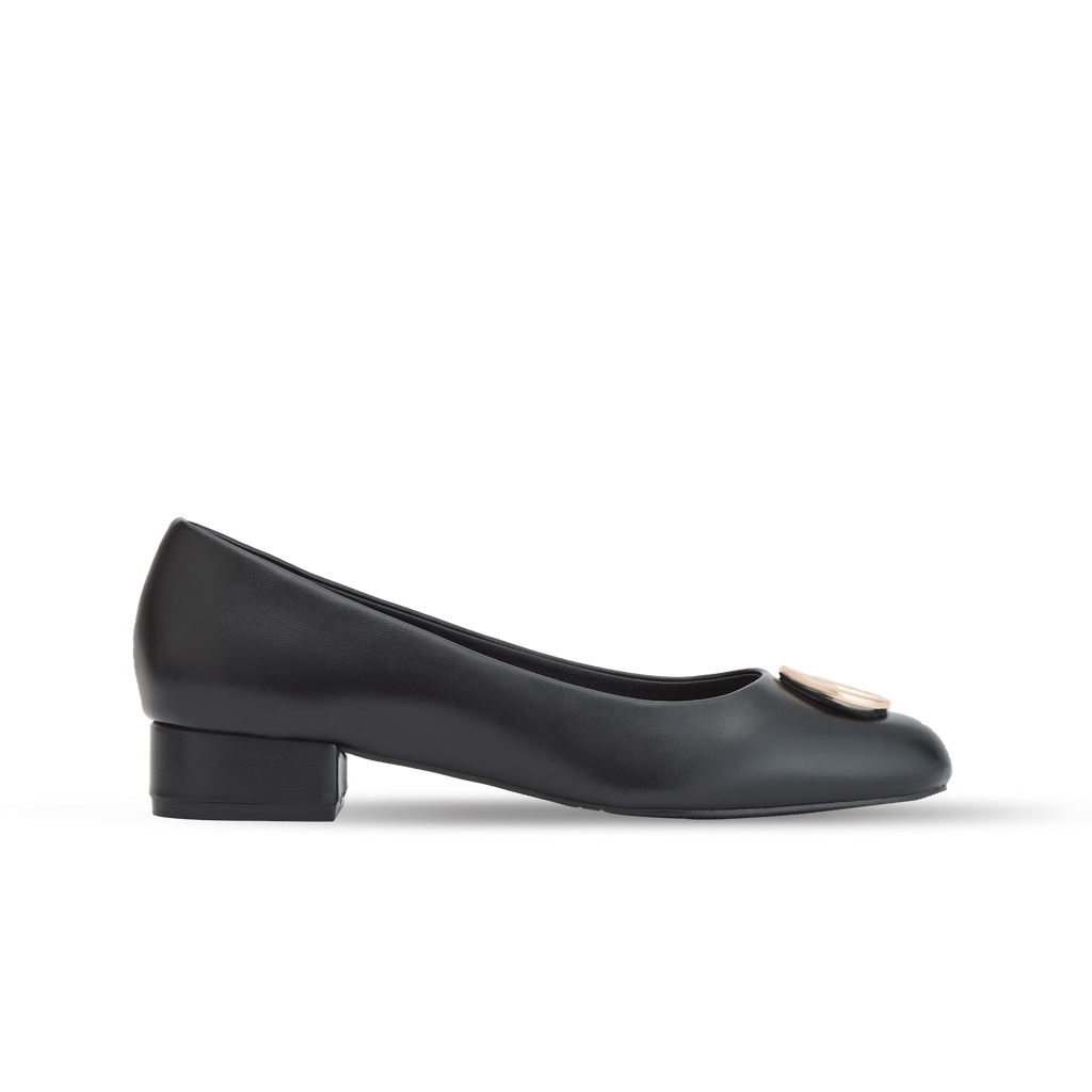  Giày Búp Bê Nữ THÁI TUẤN Mũi Bầu Phối Logo Trang Trí Màu Đen 