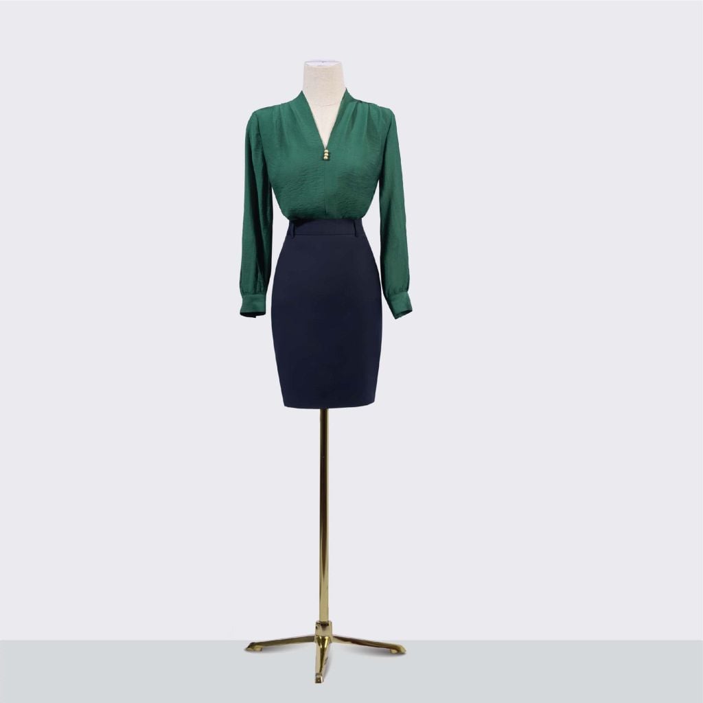  Áo Kiểu Nữ THÁI TUẤN Cổ Tim Tay Dài Màu Xanh 