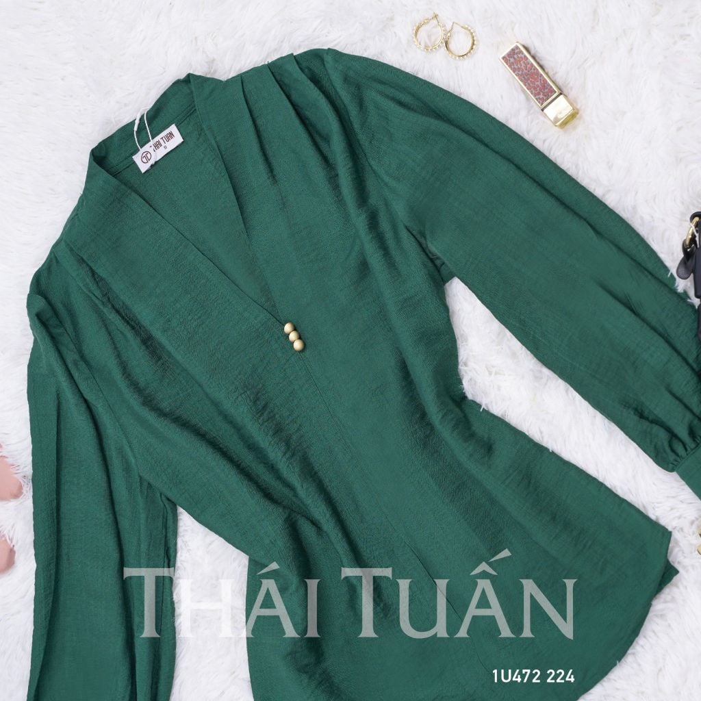  Áo Kiểu Nữ THÁI TUẤN Cổ Tim Tay Dài Màu Xanh 