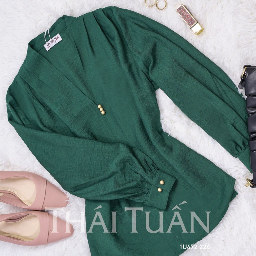  Áo Kiểu Nữ THÁI TUẤN Cổ Tim Tay Dài Màu Xanh 
