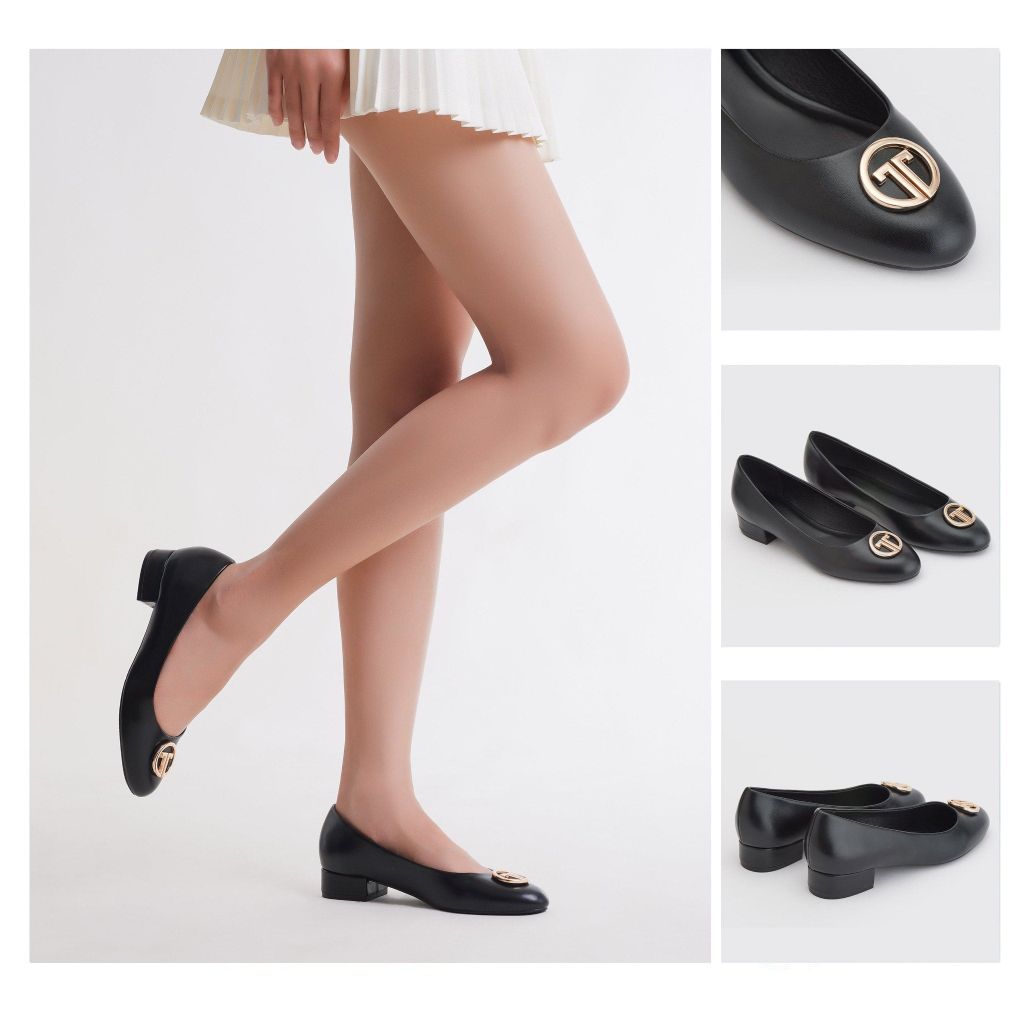  Giày Búp Bê Nữ THÁI TUẤN Mũi Bầu Phối Logo Trang Trí Màu Đen 